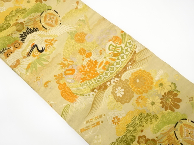 アンティーク　鶴に宝船・松竹梅・鼓模様織り出し丸帯（材料）